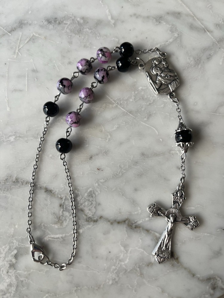 Handmade St Christopher  Black/Lavender Marble One Decade Car Rosary