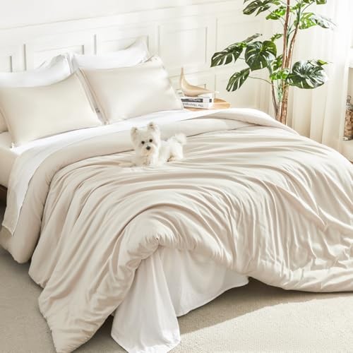 Comforter Set 3 Pieces Lightweight Fluffy Solid Bedding Comforter Queen Beige