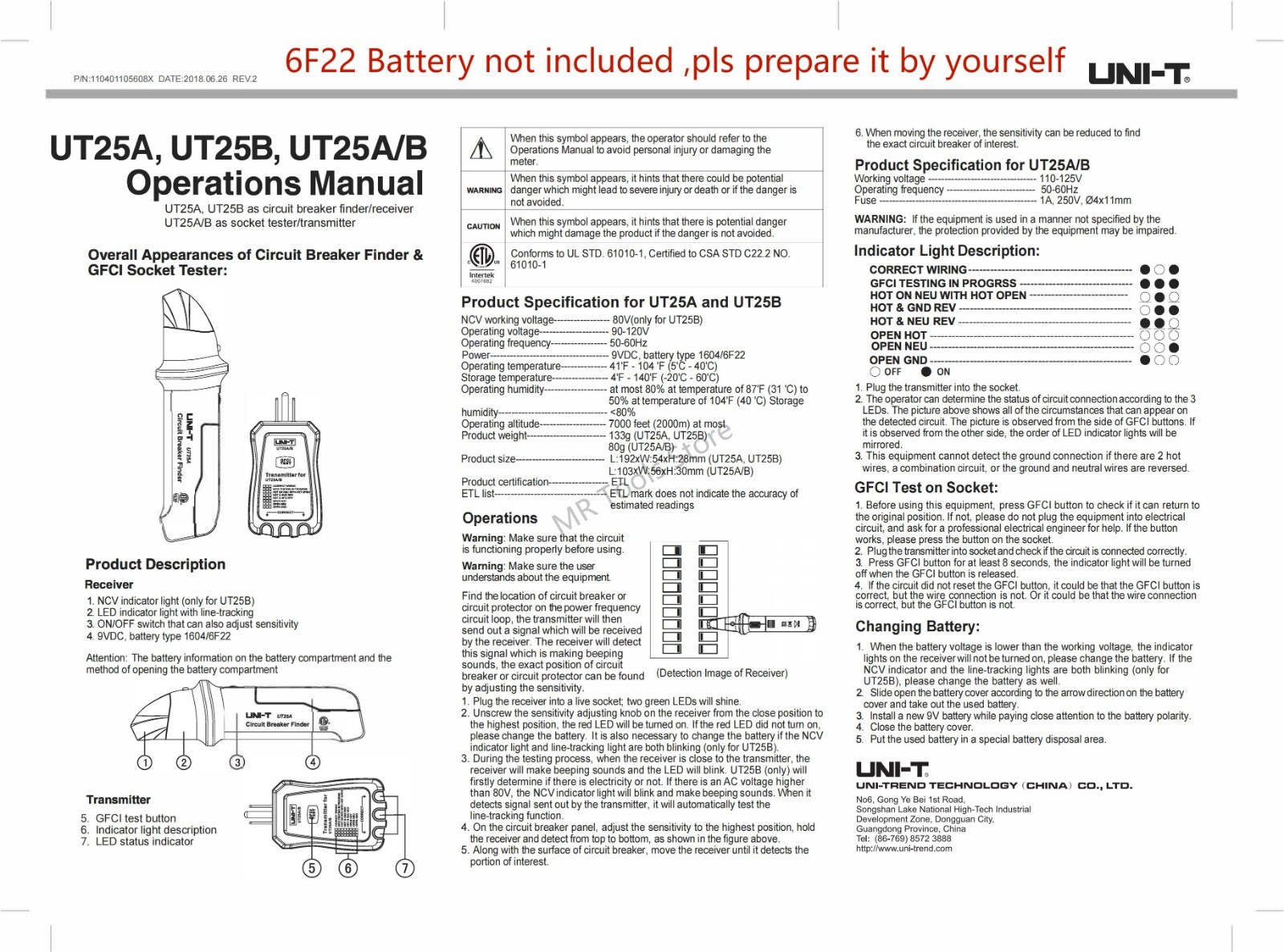 UNI-T UT25A Digital Circuit Breaker Finder with GFCI Outlet Socket Tester LED