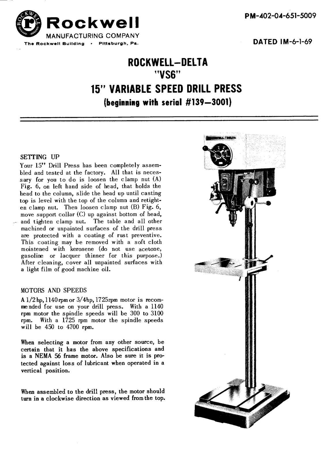 Manual Fits Delta 15" Rockwell-Delta VS6 Variable Speed DP start Ser 139-3001