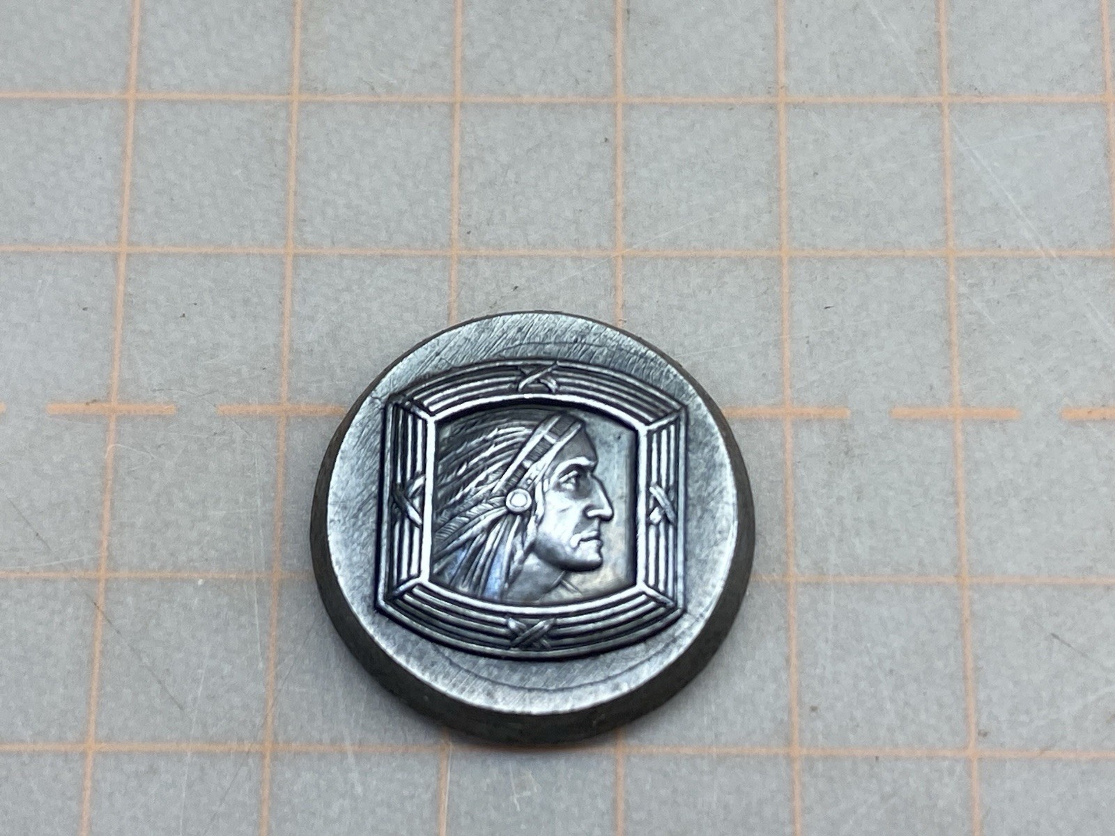 Vintage Hub Stamp Native American Indian Chief Head Tiny 7/16" Pin Ring Badge