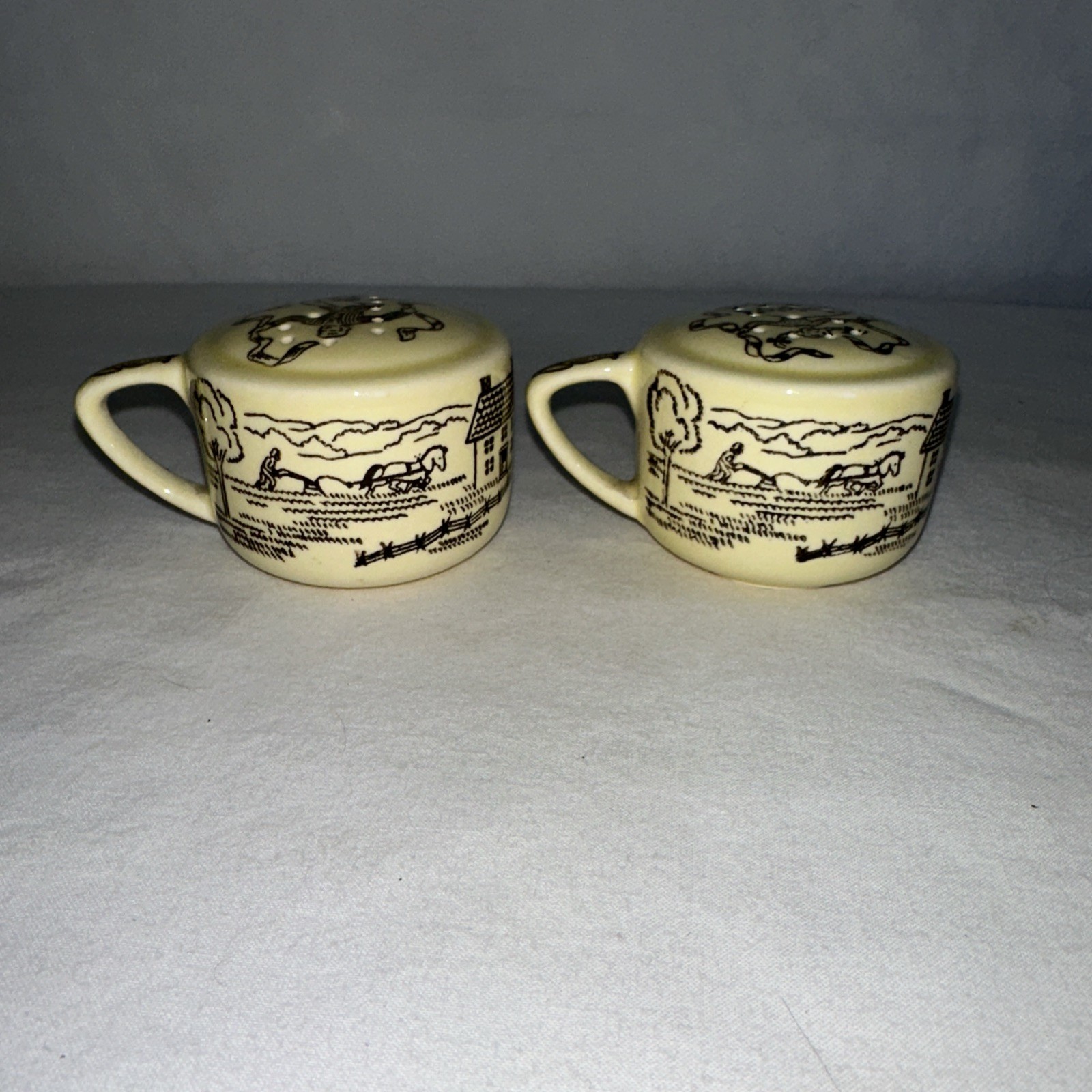 “Bucks County” Salt Pepper Shakers Royal China Sebring, Ohio Yellow NO STOPPERS