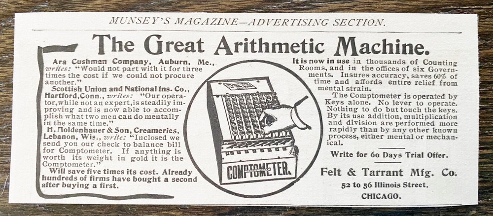 Antique 1900 COMPTOMETER Print Ad Felt&Tarrant Co. Old Adding Machine Calculator