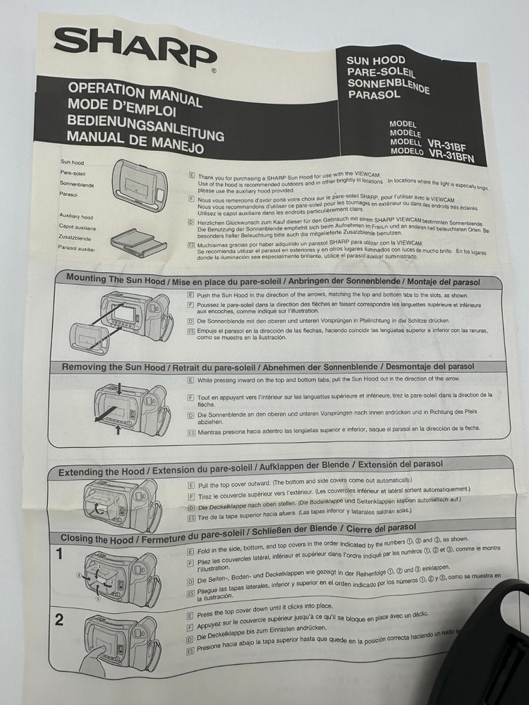 SHARP VIEWCAM SUN HOOD VR-31BF N Open Box, Never Used Excellent Condition