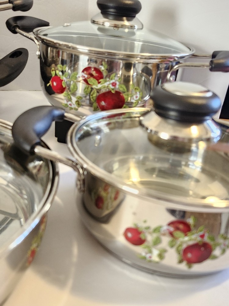 12pc Aluminum w/ Apple Design Transferware Cook Set w/ Lids Double Bottom