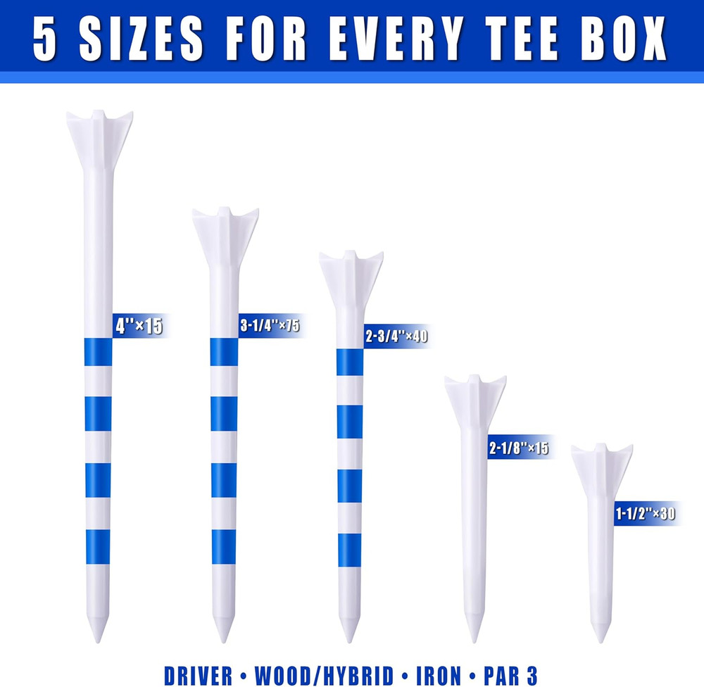 170 Pack Pro Performance Golf Tees – 4-Prong Head Reduces Side Spin | 5 Sizes Mi