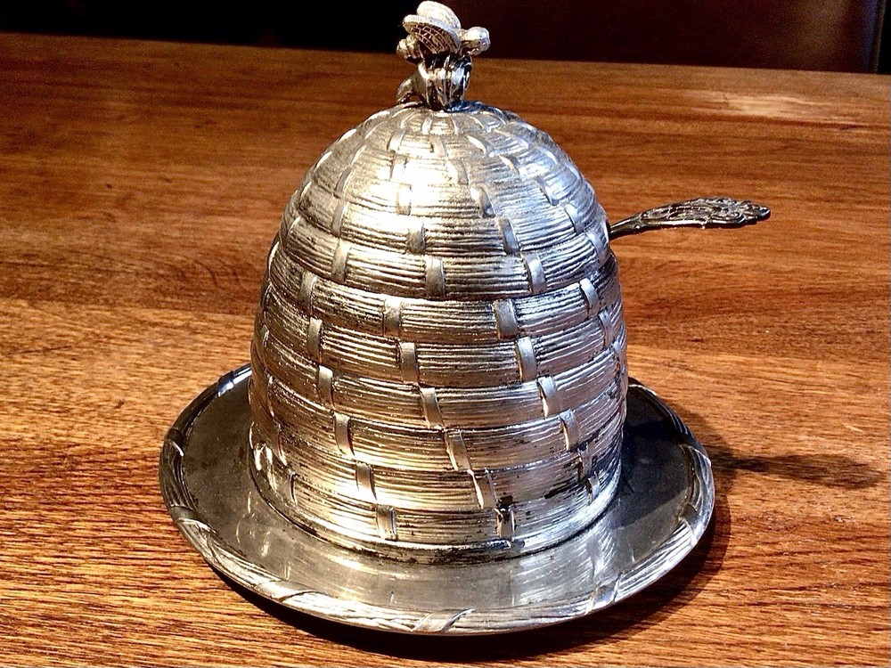 Honey Pot Silver Plate 4pc. Set w/ Lid Pot Glass Liner & Spoon RARE