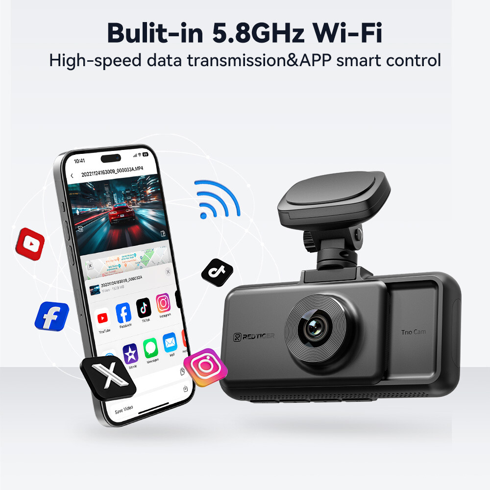 REDTIGER A6 Dash Cam 2.5K 3 Channel Dash Camera, 5.8GHz WiFi,3" Touch Screen