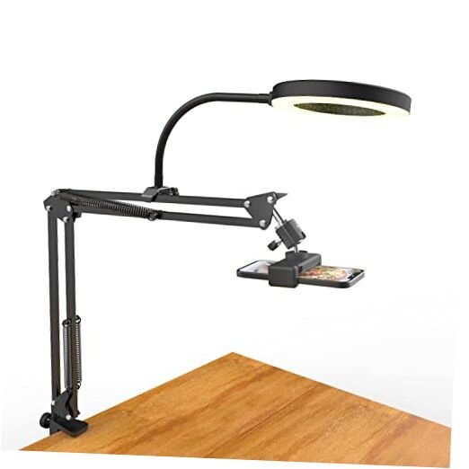 Black Overhead Camera Mount with Ring Light - Flexible Articulating Phone Arm