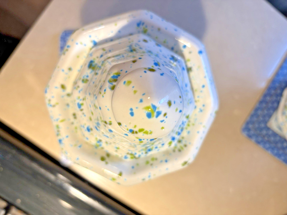 Vtg Handpainted White With Blue & Green Splatterware Glazed Pitcher & Container