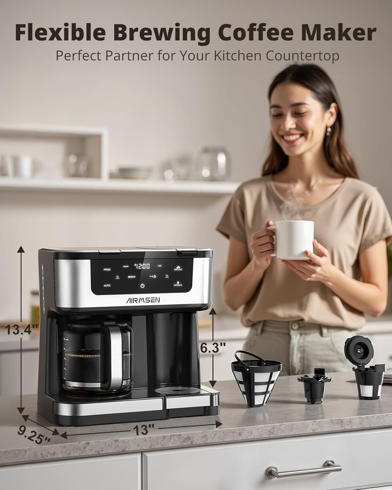 12-Cup Programmable Dual Coffee Maker – Single Serve Machine for K-Cup Pods & Gr