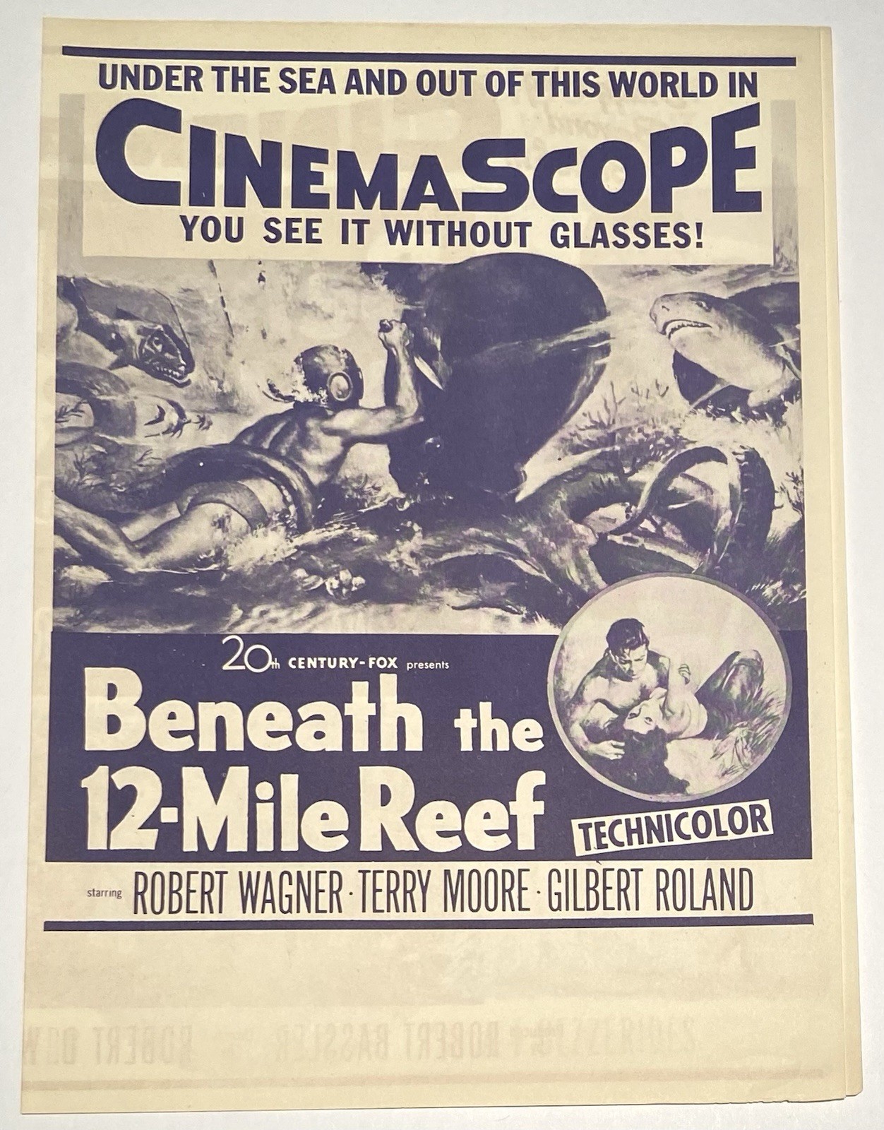 BENEATH THE 12-MILE REEF - Rare 1953 CinemaScope Film ROBERT WAGNER Movie Herald
