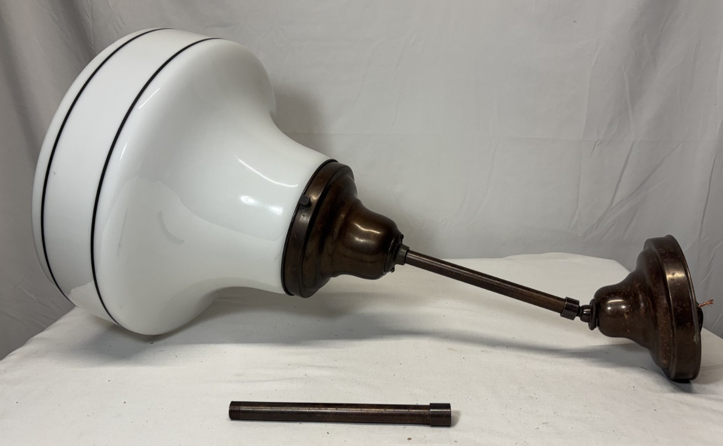 Schoolhouse Ceiling Light Fixture Vtg Art Glass Shade Black Stripes USA #L43