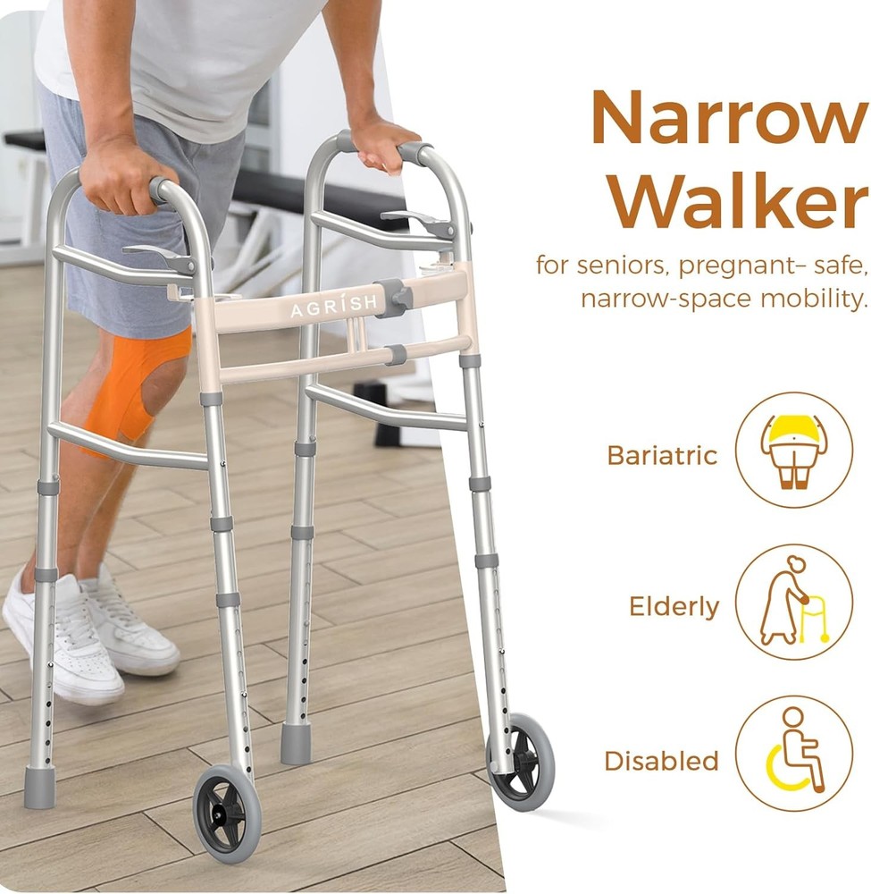 Lightweight Folding Walker Narrow Frame Adjustable Height Width 350lb
