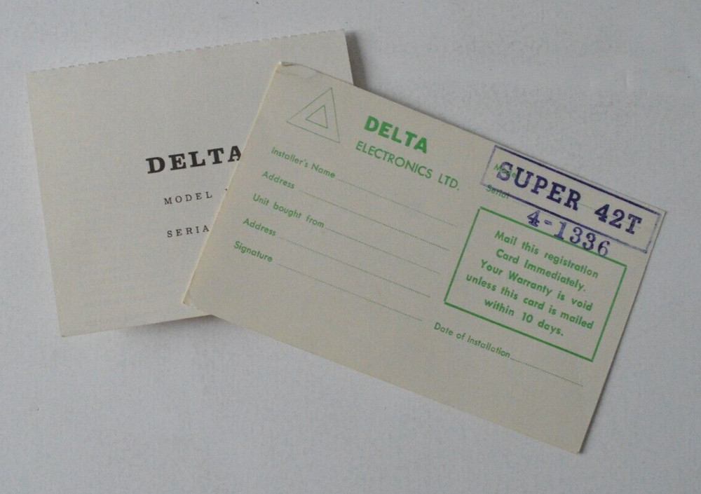 DELTA Electronics Warranty Registration Cards