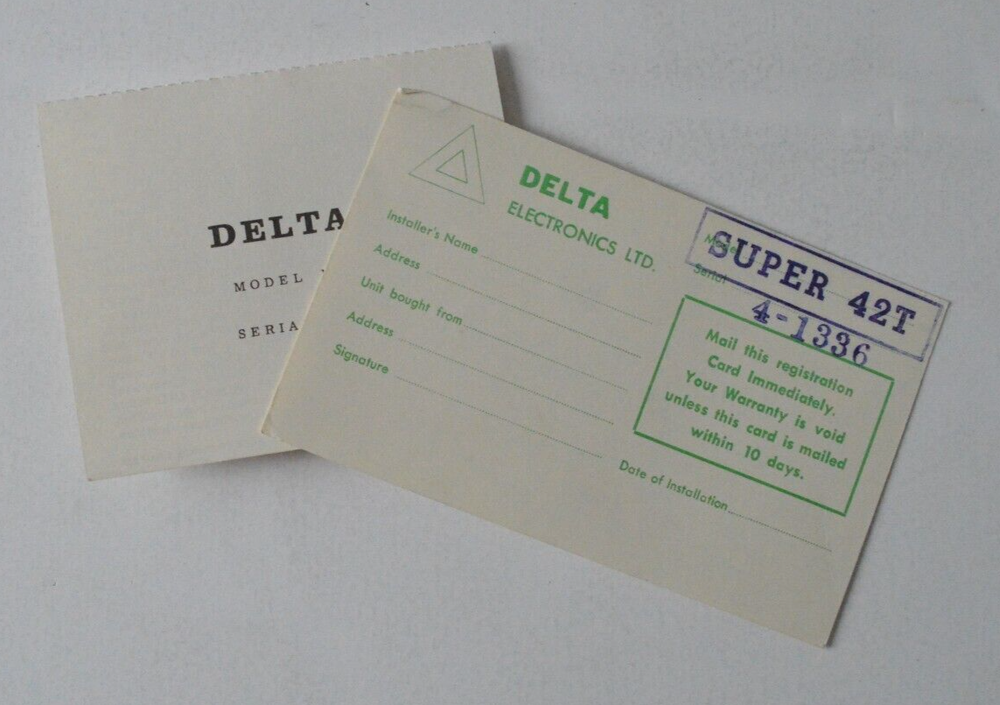 DELTA Electronics Warranty Registration Cards