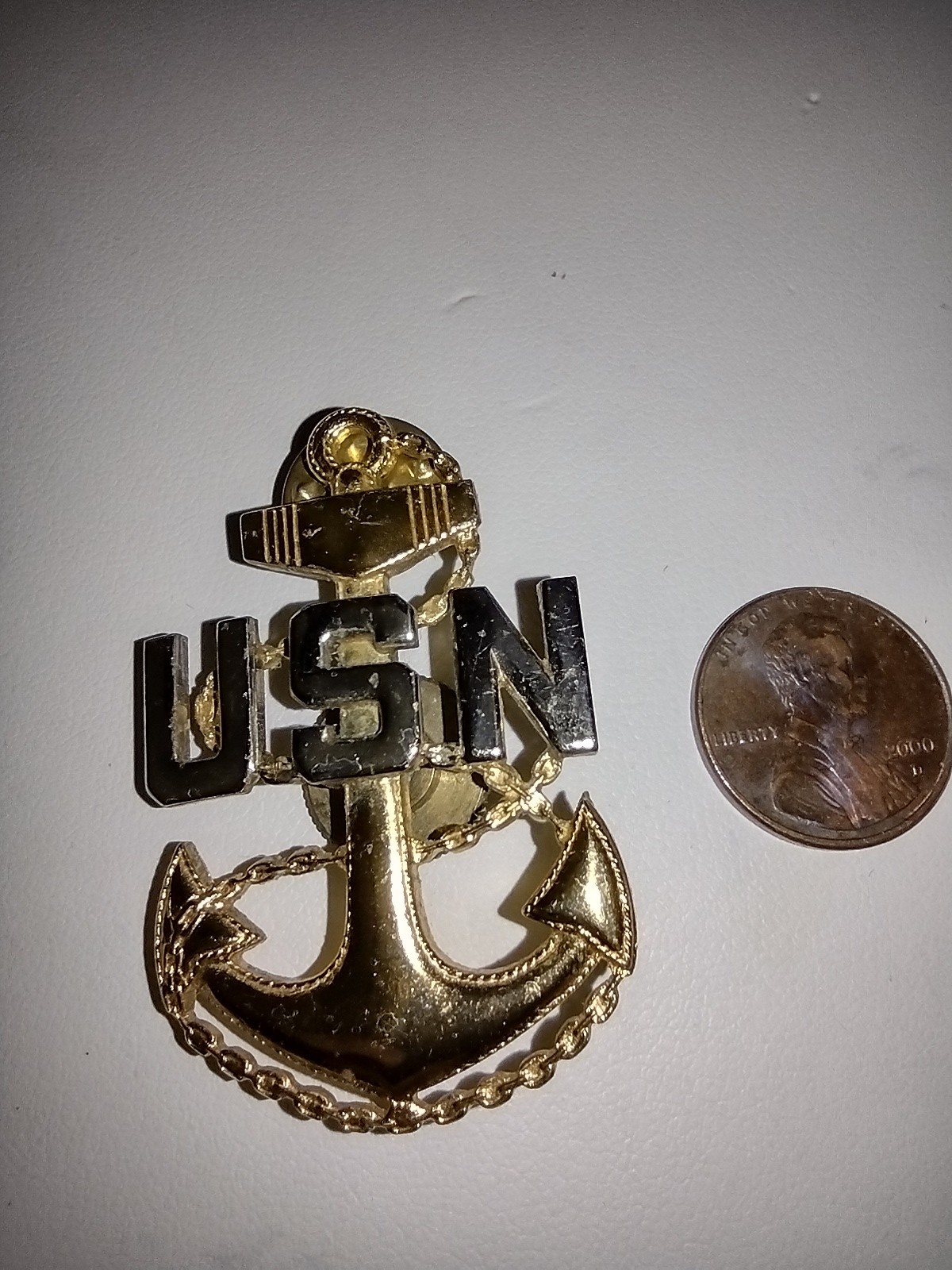 Vintage USN US NAVY Anchor Rope Sterling Silver Letters WWII pin ~1.75"