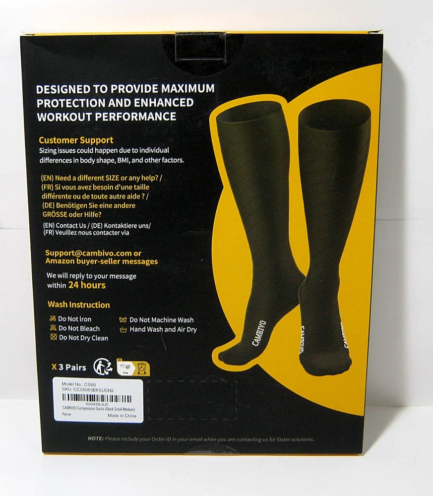CAMBIVO 3 Pair Black Compression Socks Model CS60 Size: Small-Medium NIB