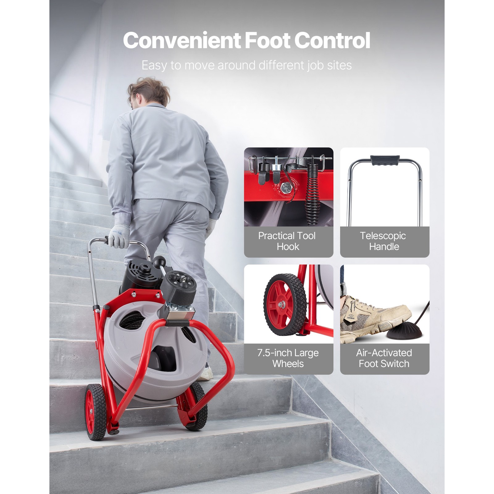 Uimoso Drain Cleaning Machine 100 FT x 3/8 In with Auto Feed,Wheels & 8 Cutters