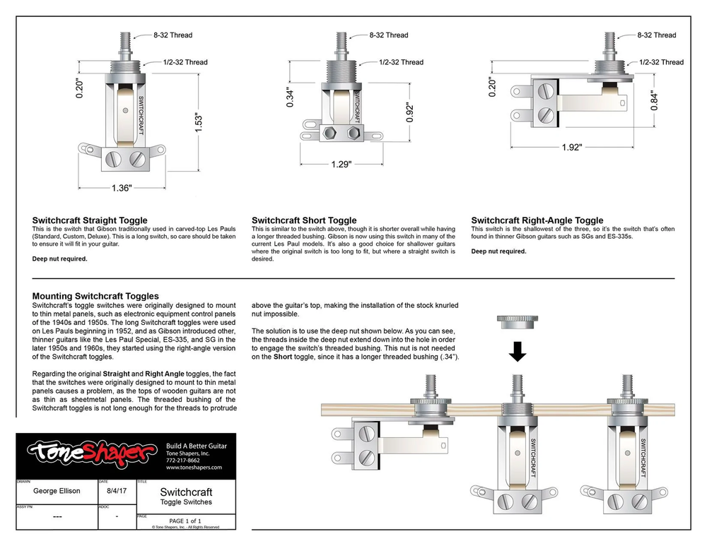 Switchcraft 3-Way Toggle Switch, Long Straight