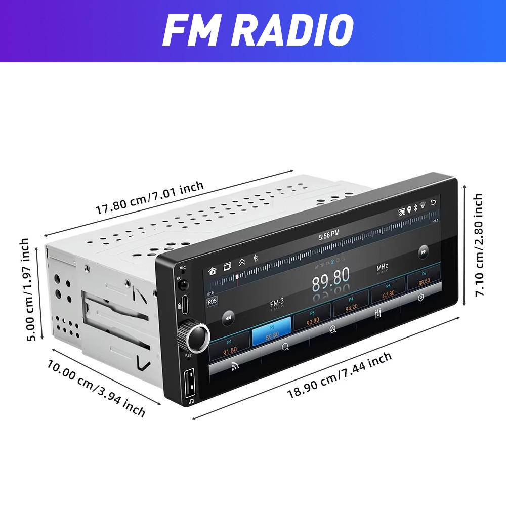 Single 1 Din Car Stereo Wireless CarPlay 6.8" Touchscreen Bluetooth Radio FM USB