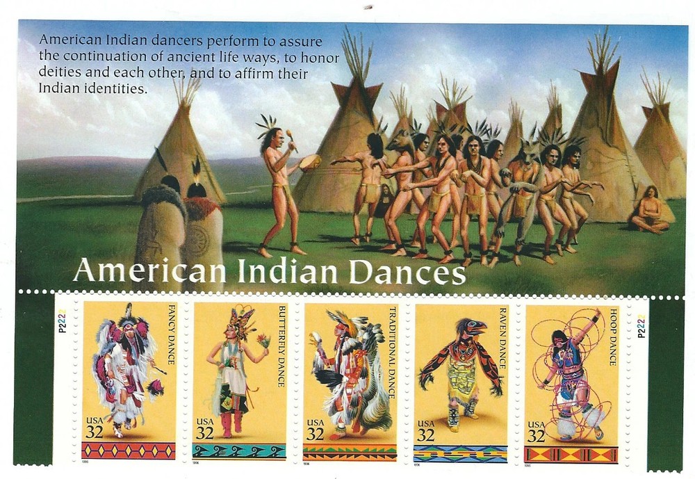 US, #3072-76 American Indian Dances strip with header, 1996,  MNH