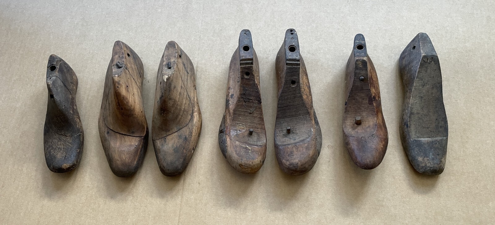 OUTSTANDING Lot of (7) Antique Wood Adult SHOE LASTS Forms Cobbler Molds