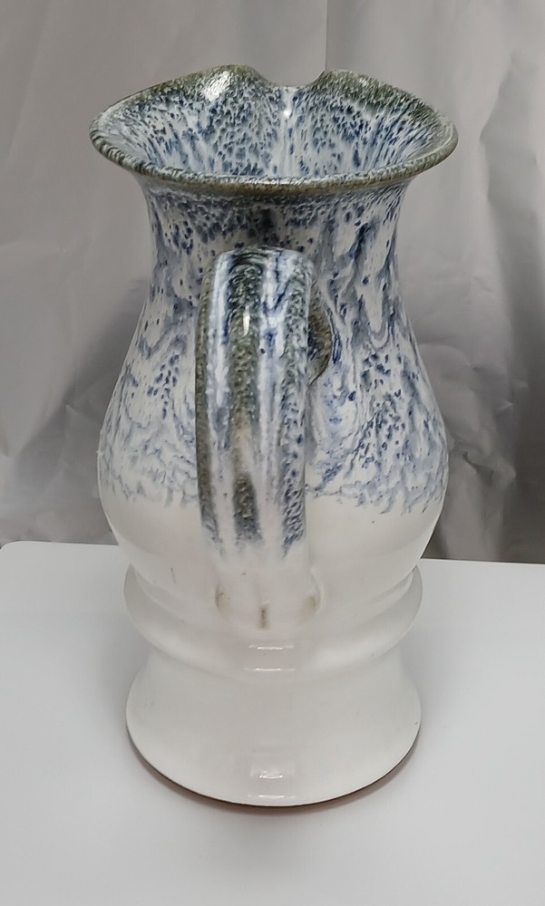 Pitcher Earthenware Pottery Handled White Blue Drip Glaze 9in