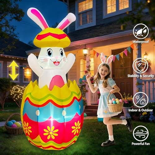 Pop Up and Down 5 FT Easter Inflatables Bunny Outdoor Decorations, Easter