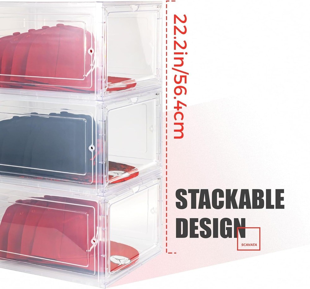6 Pack Hat Organizer Box Stackable Clear Baseball Caps Holder Box Container NEW