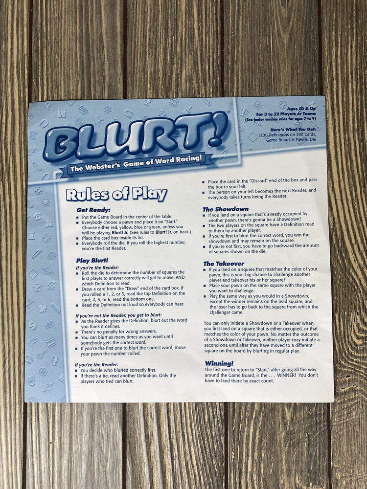 Patch Games Blurt Replacement Piece Part Directions