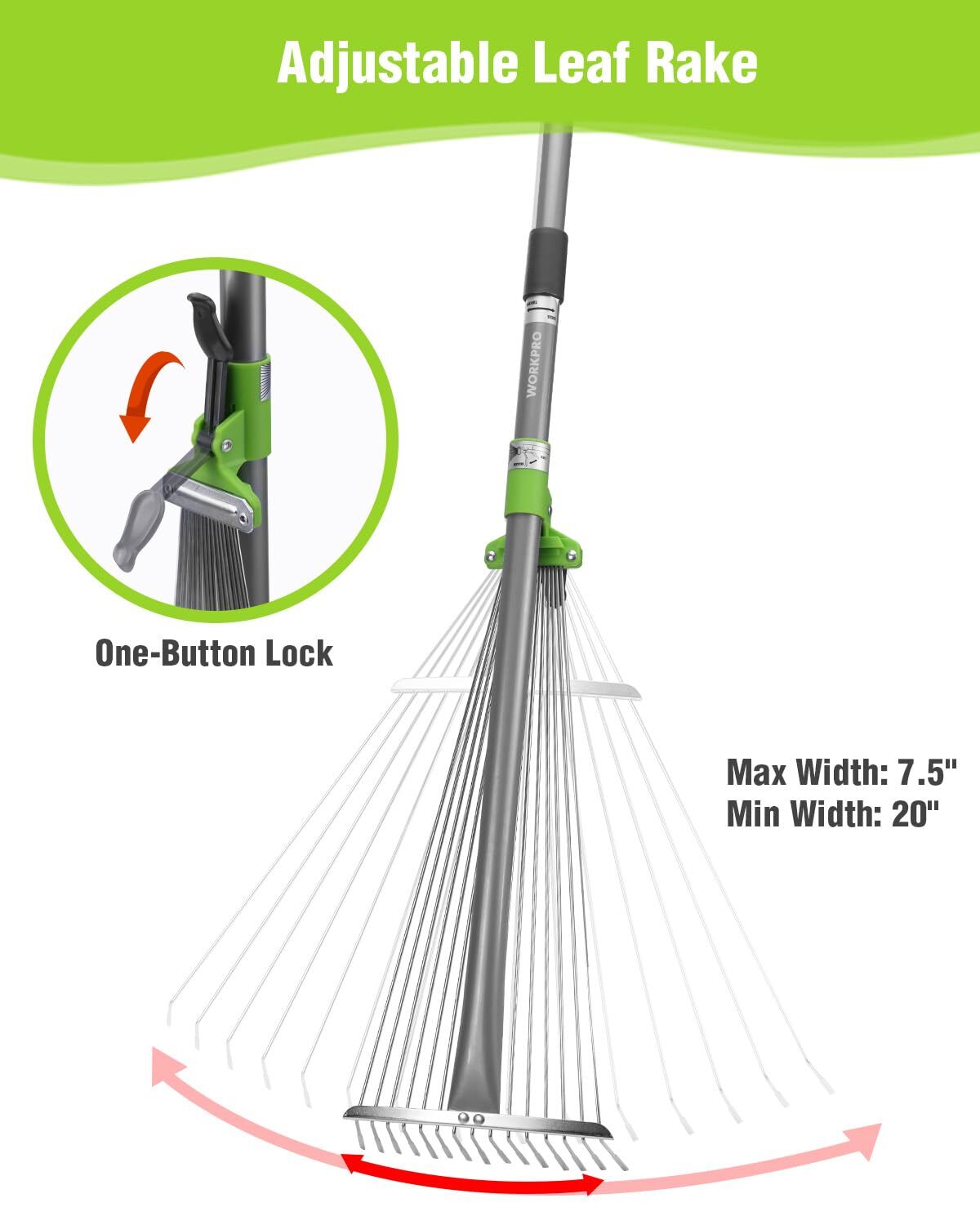WORKPRO Heavy Duty Leaf Rake Telescopic 32"-63" Adjustable Metal Gardening Rakes