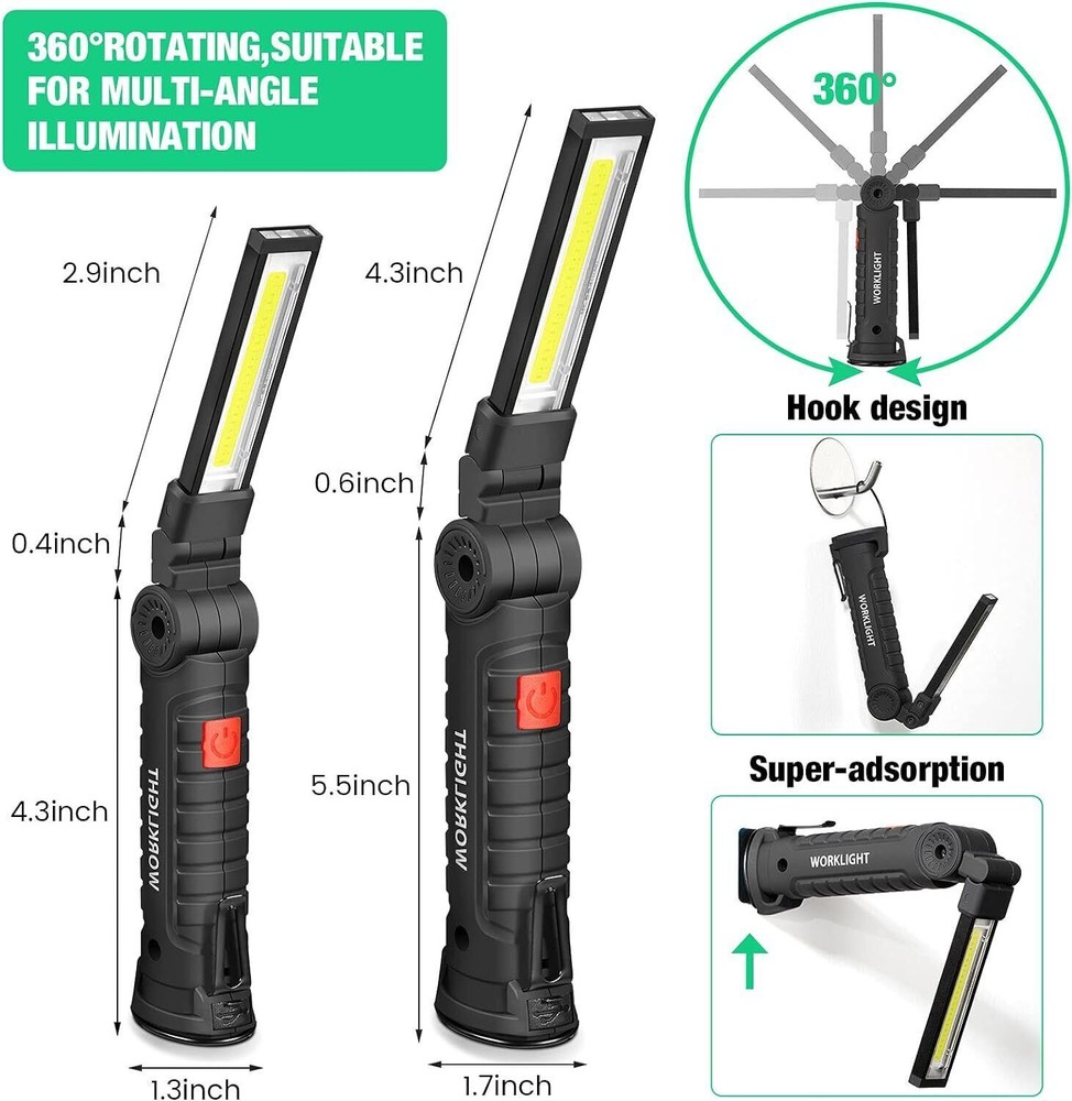 2PCS Work Light LED COB Mechanic Flashlight Lamp Rechargeable Magnetic Base Hook