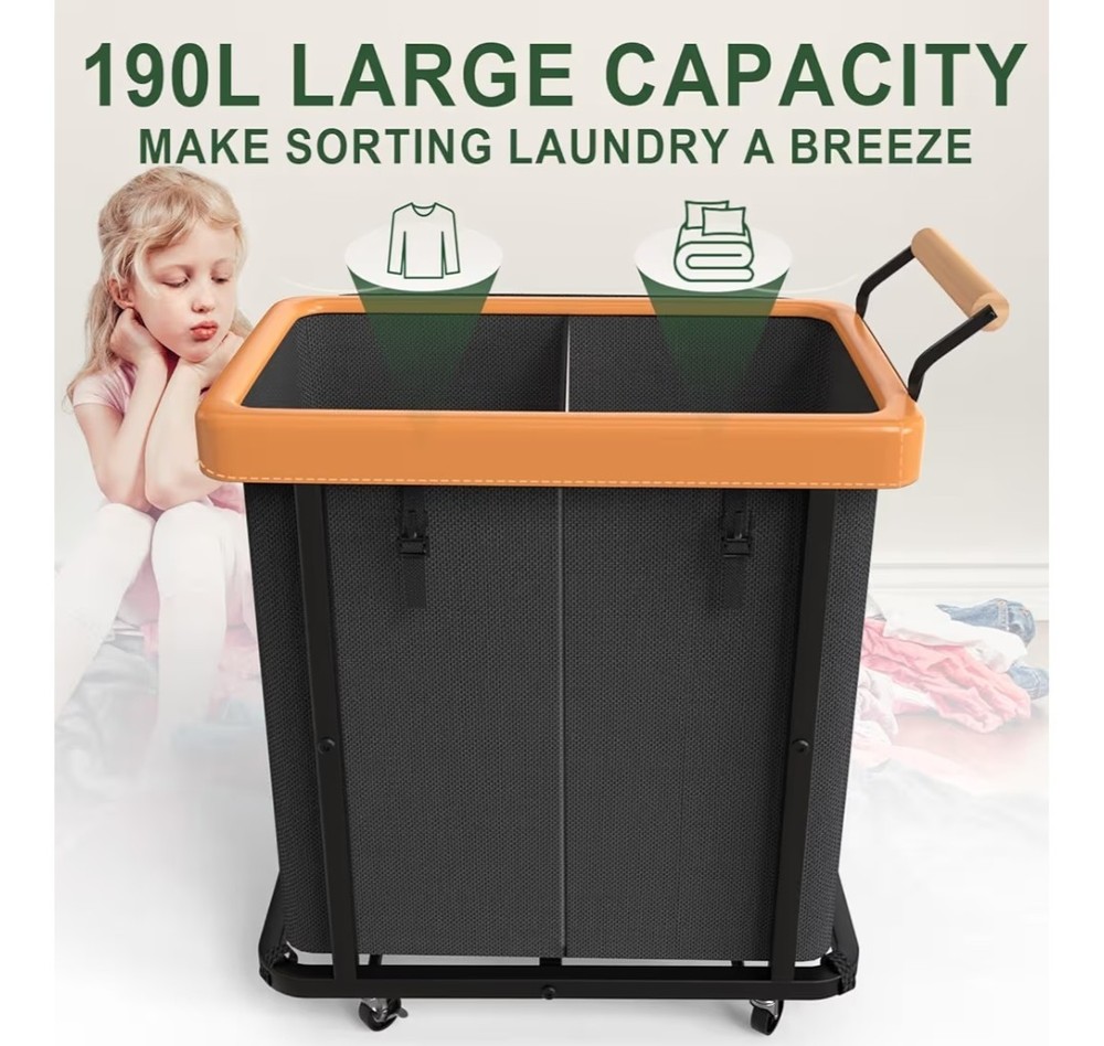 50 Gal (190L) Laundry Hamper 2 Section with Lid,Leather Patchwork Laundry Bas...