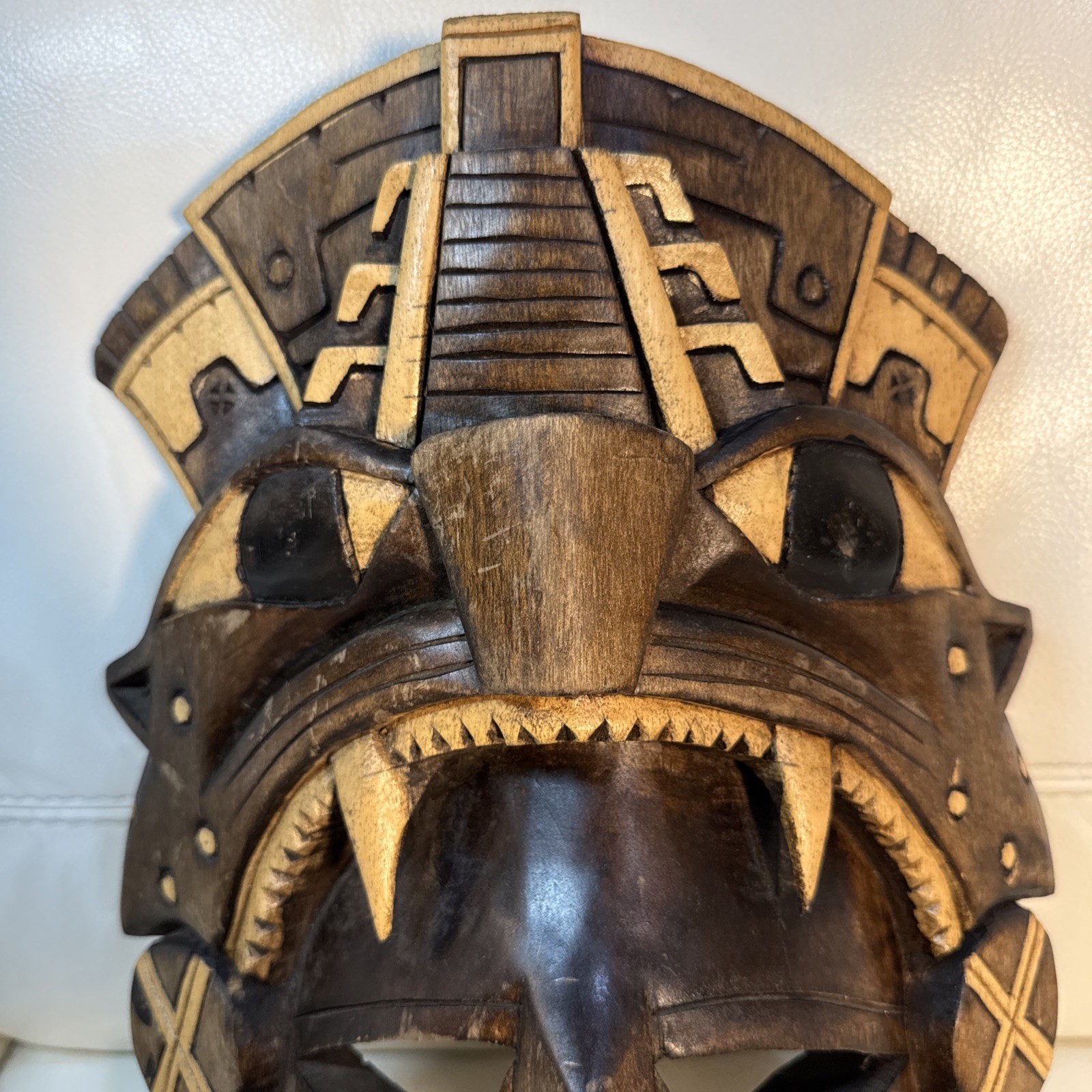 Mayan Hand Carved Mask Faces Reptiles two tone Wood Curved Hang Or Shelf Sit