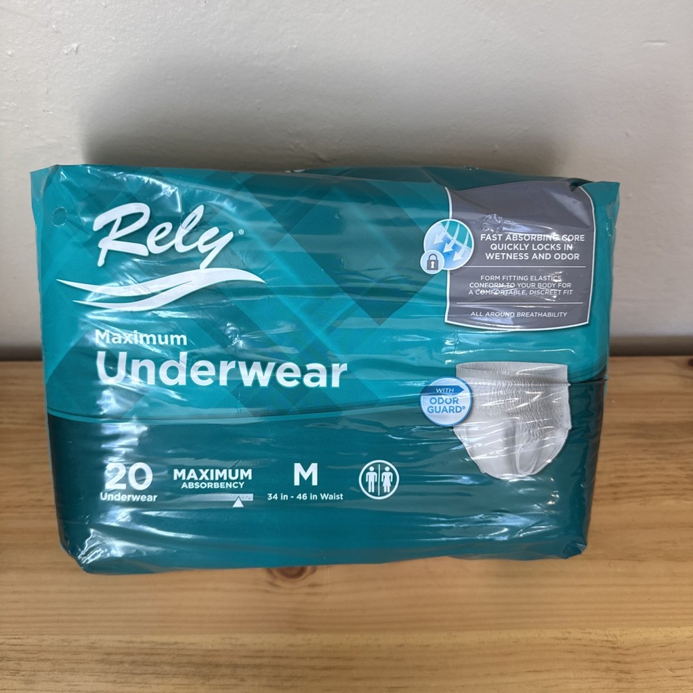 RELY INCONTINENCE BRIEF MAXIMUM ABSORBENCY UNDERWEAR 20-COUNT MEDIUM 34"-46"