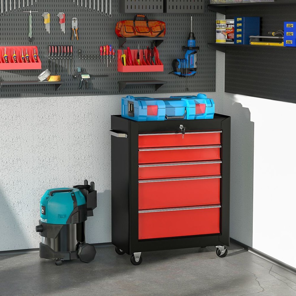 Ultimate 5-Drawer Lockable Tool Storage Cabinet with wheels Red and Black