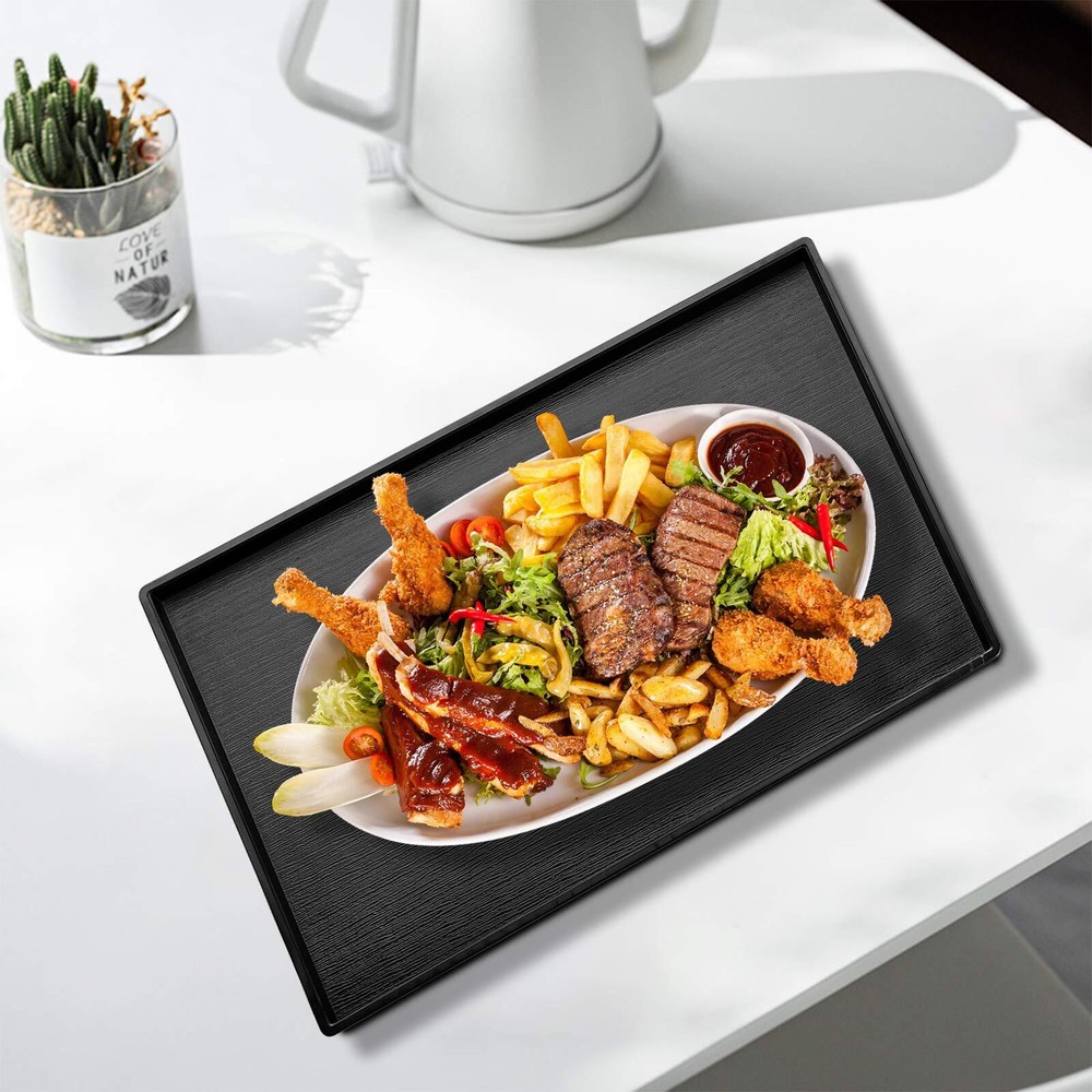 Black Rectangular Serving Trays Non-Slip Plastic Cafeteria 2 Pack