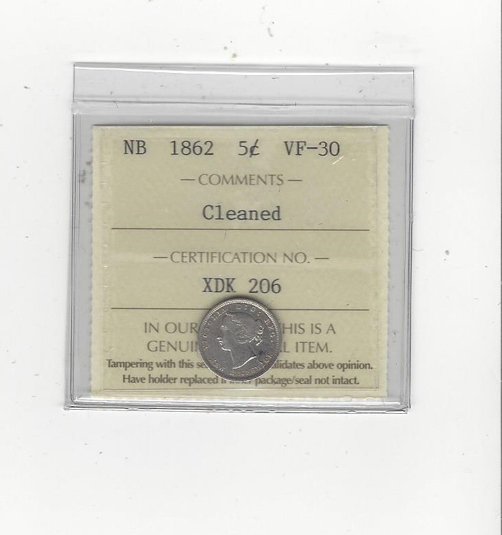 1862, ICCS Graded New Brunswick Five Cent, **VF-30 Cleaned**