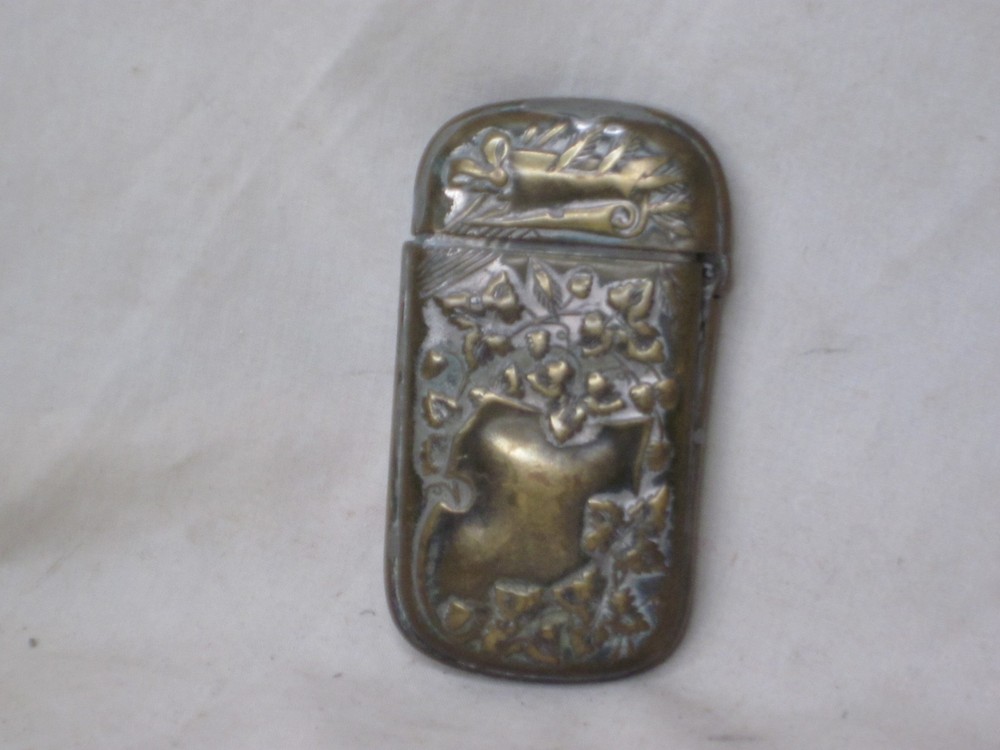 antique ornate brass match case small hinged decorated vesta compact container