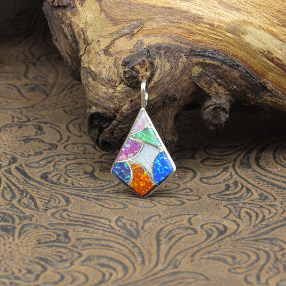 *Sterling Silver Multi Color Lab Created Opal Inlay Pendant