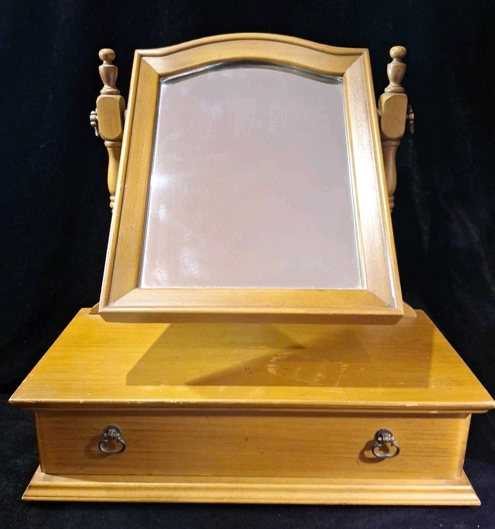 Antique Wood Tabletop Vanity Dressing Table Swivel Mirror with Storage Drawer