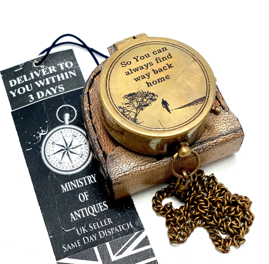 ENGRAVED POCKET COMPASS & KEYCHAIN NAUTICAL HANDMADE COMPASS & LEATHER POUCH