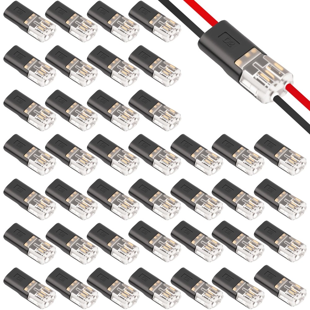 40 Pcs Low Voltage Double Wire Plug in Connector 2 Pin Quick Locking Black