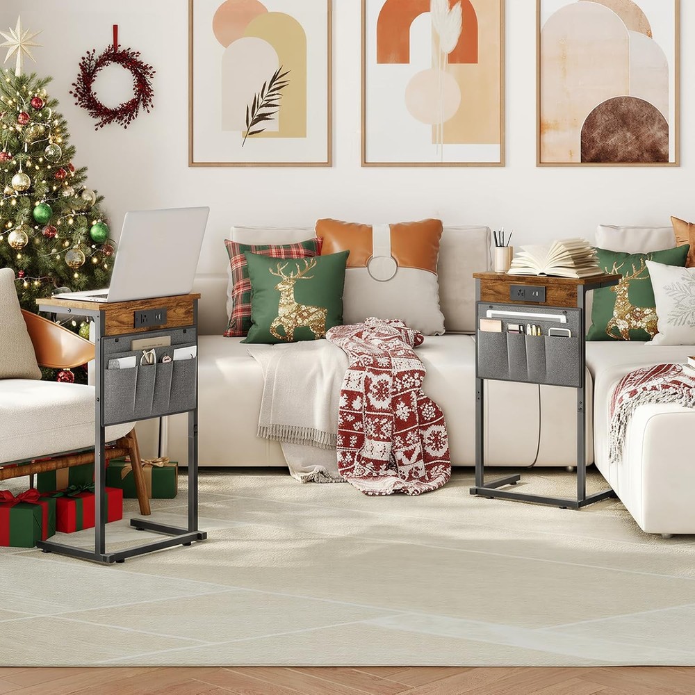 C Shaped End Table W/ Charging Station 28" H Couch Side Table Slide Under Sofa