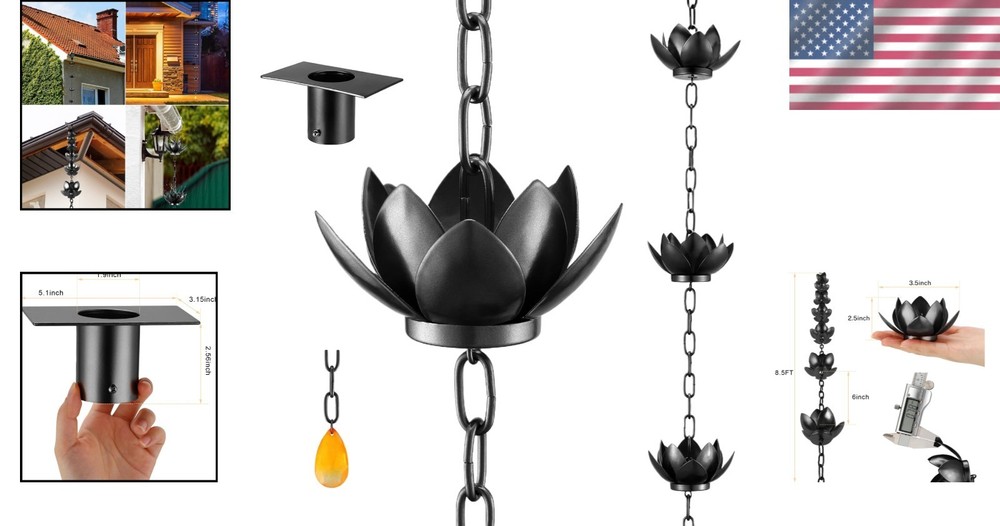 Charming Lotus Rain Catcher Chain 8.5ft - Adjustable Gutter Solution in Black