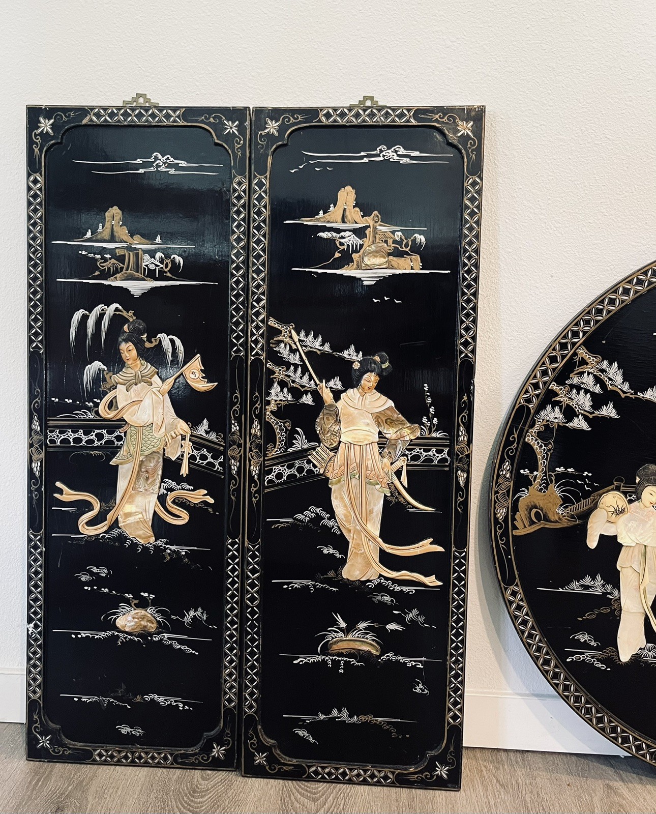 VTG 5 Asian Oriental BLACK Lacquer Mother of Pearl Wall Panels 36H x 11,5W, 30”