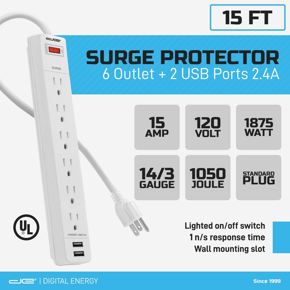 6 Outlet Surge Protector, 15 Ft, USB, White