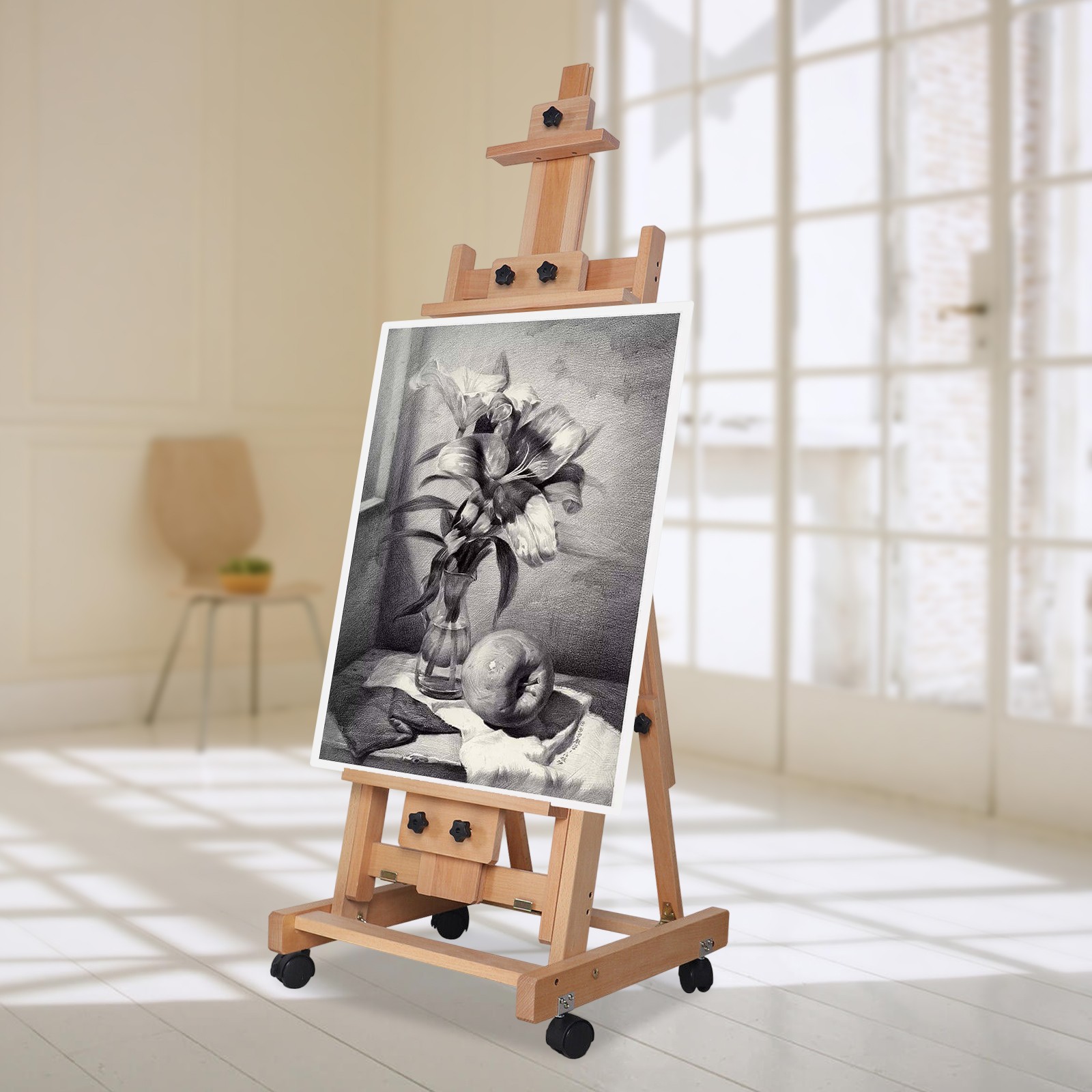 Large Heavy-Duty Studio Artist Easel H-Frame Wood Painting Art Easel Standing