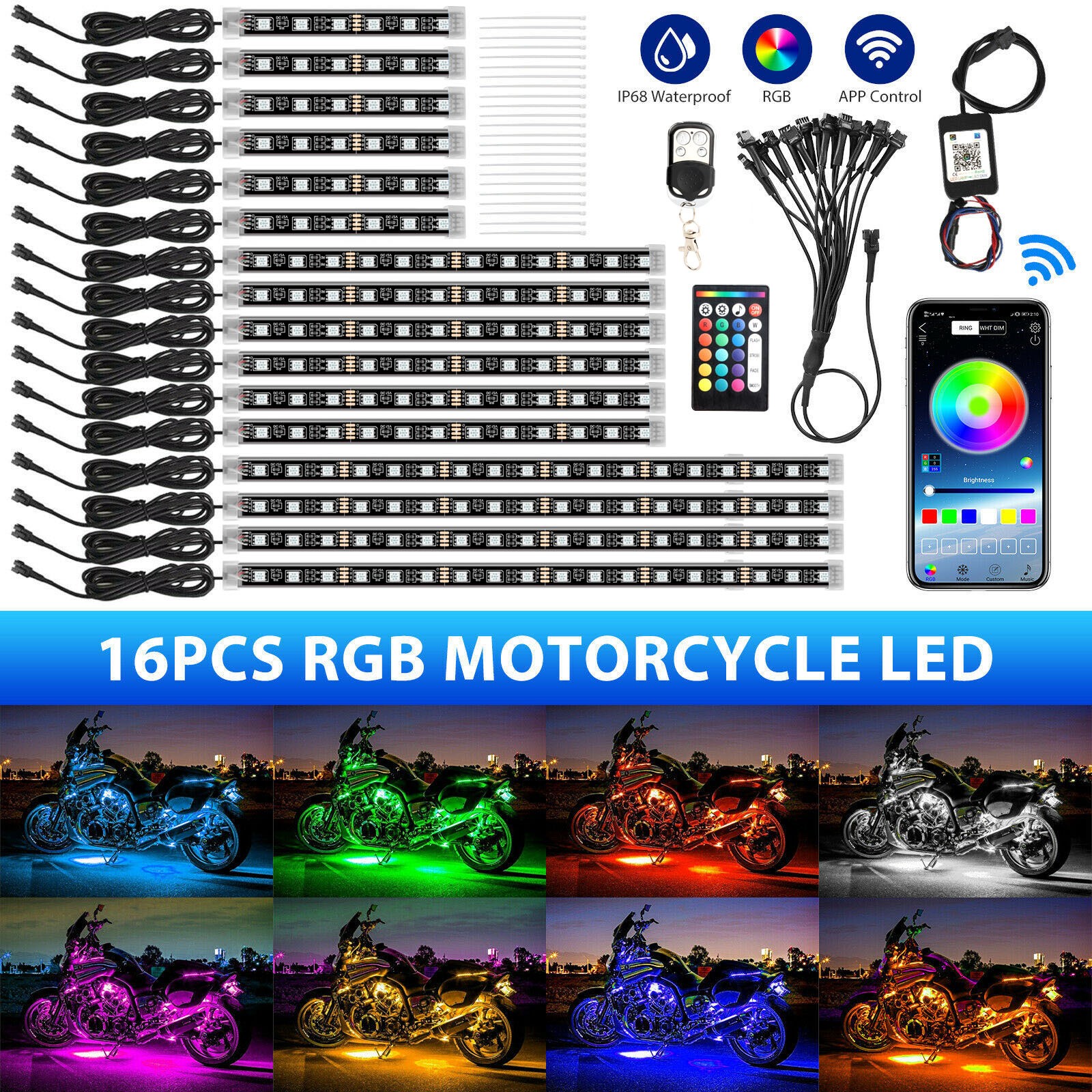 16PC RGB Bluetooth Motorcycle LED Light Under Glow Neon Strip Remote Control Kit